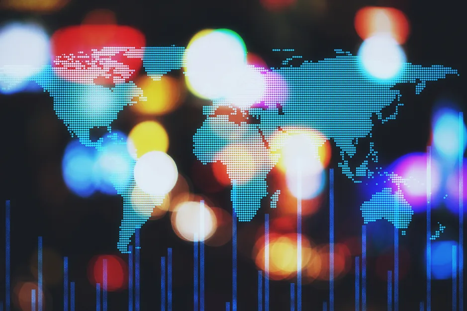 Digital dotted world map overlaid with colorful blurred lights and vertical bar graphs on a dark background.