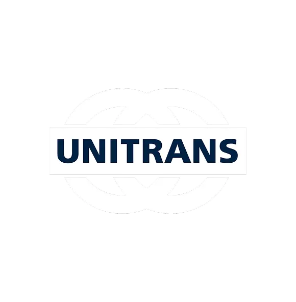 UNITRANS logo with two interlocking white rings behind the word UNITRANS in bold navy blue letters on a white rectangular background.