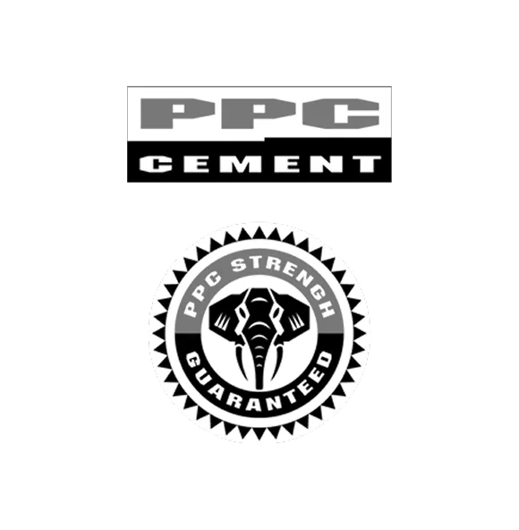PPC Cement logo above a round emblem with an elephant head and text 'PPC Strength Guaranteed'.