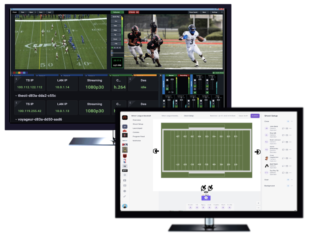 Two computer monitors displaying sports broadcasting interfaces: the back screen shows a football game live streaming with players running on the field and streaming settings, while the front screen shows a virtual setup of a football field with camera positions and crew assignments for shoot setup.