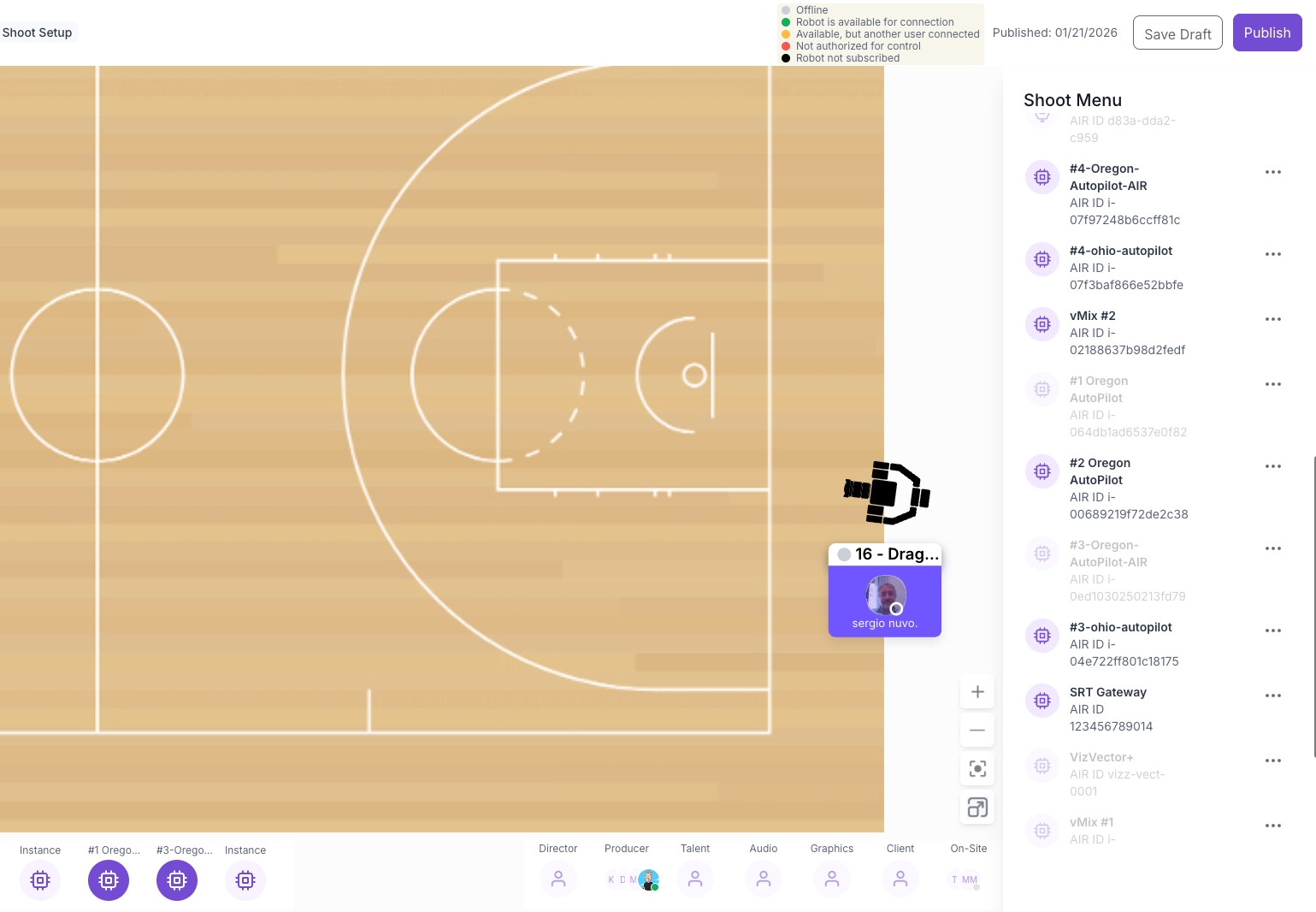 Top-down digital interface of a basketball court shoot setup showing shooting positions and camera placements with a user label 'sergio nuvo.' and a shoot menu listing multiple autopilot and gateway options.