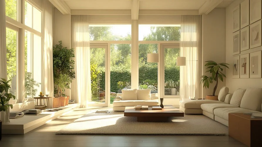 Open-concept living room with floor-to-ceiling windows after room addition by structural engineer