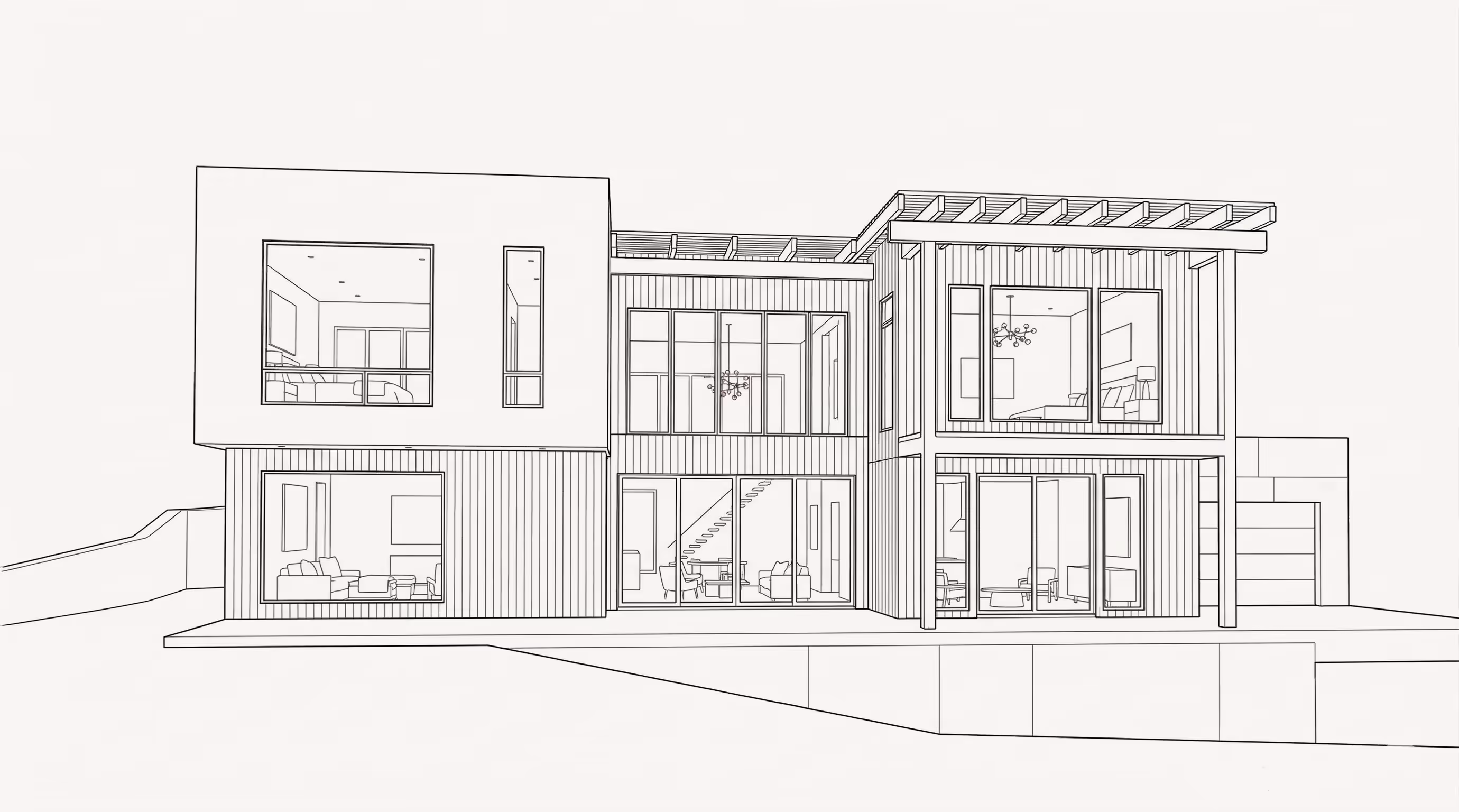Structural engineering plan set showing front elevation of modern two-story home with interior details — Affinity Design Group