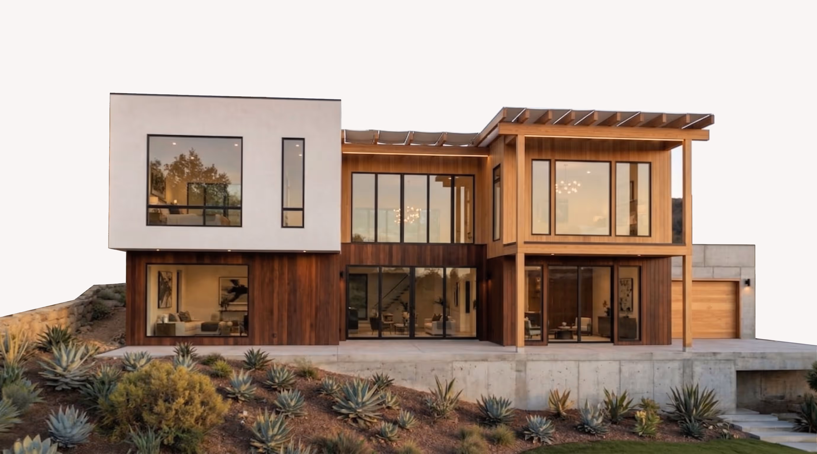 Completed modern hillside home with wood cladding, stucco walls, and desert landscaping — Affinity Design Group structural engineering