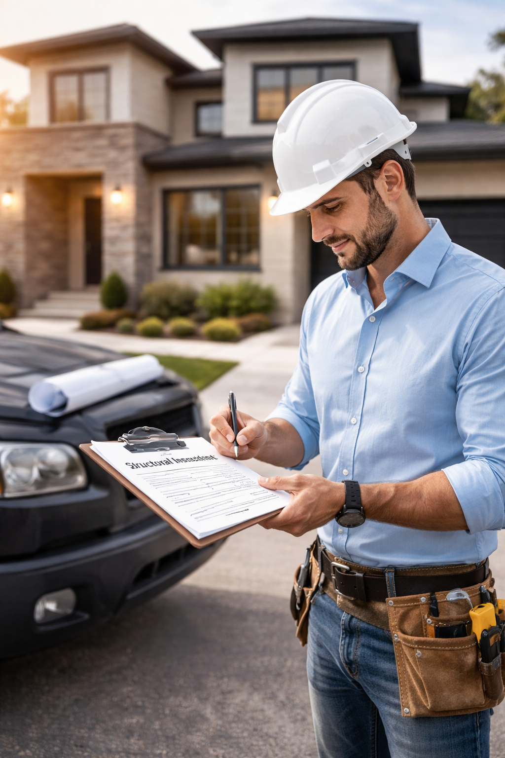 Licensed structural engineer conducting residential property inspection with clipboard in Orange County
