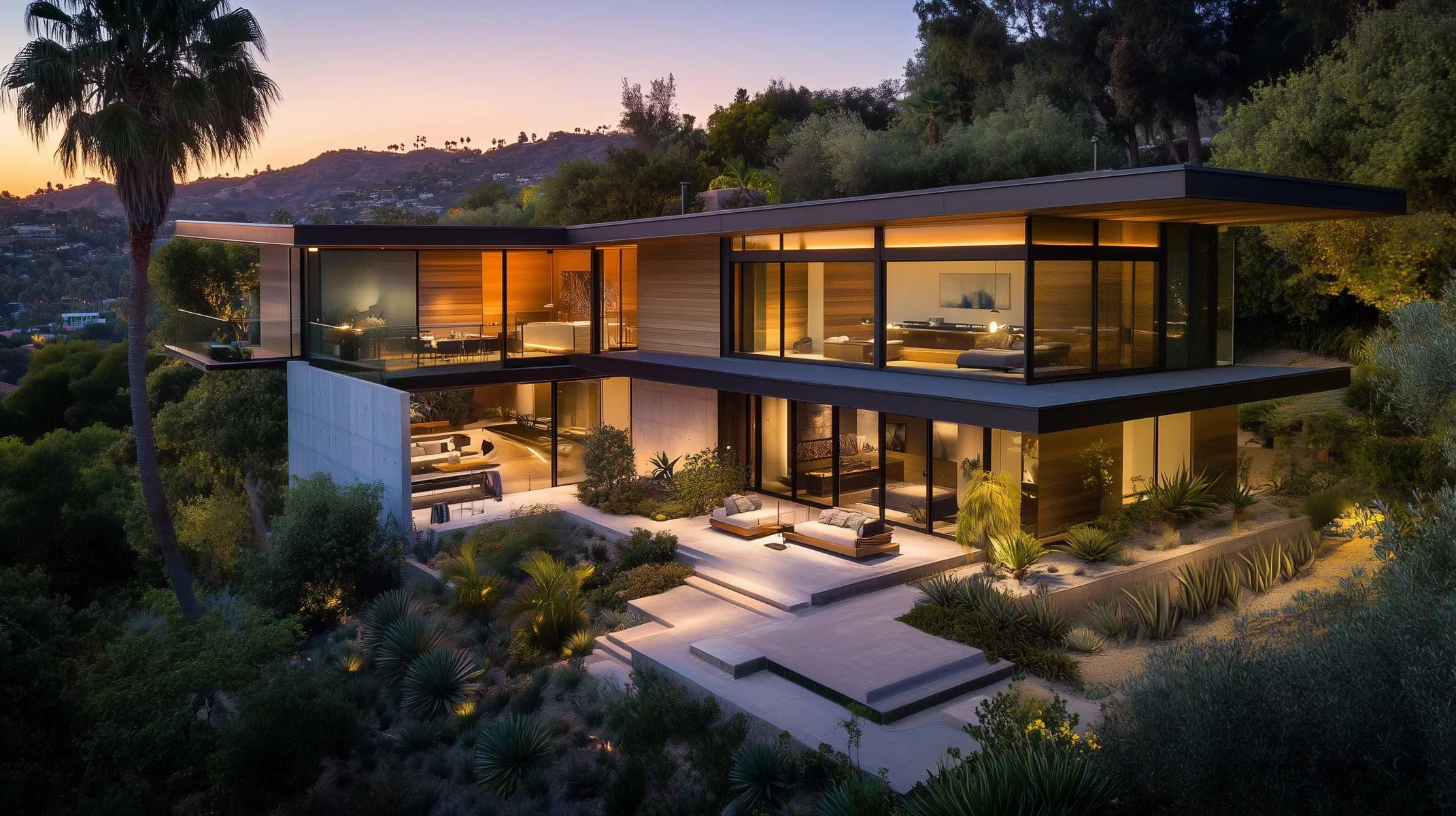 Modern hillside custom home at twilight showcasing quality structural engineering design in California