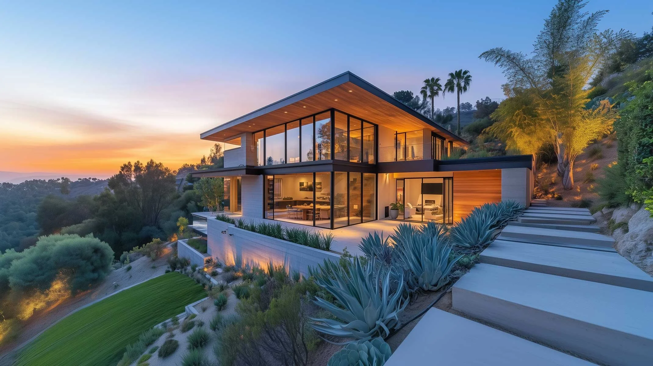 Modern custom home with glass walls at sunset showing structural engineering and architectural design