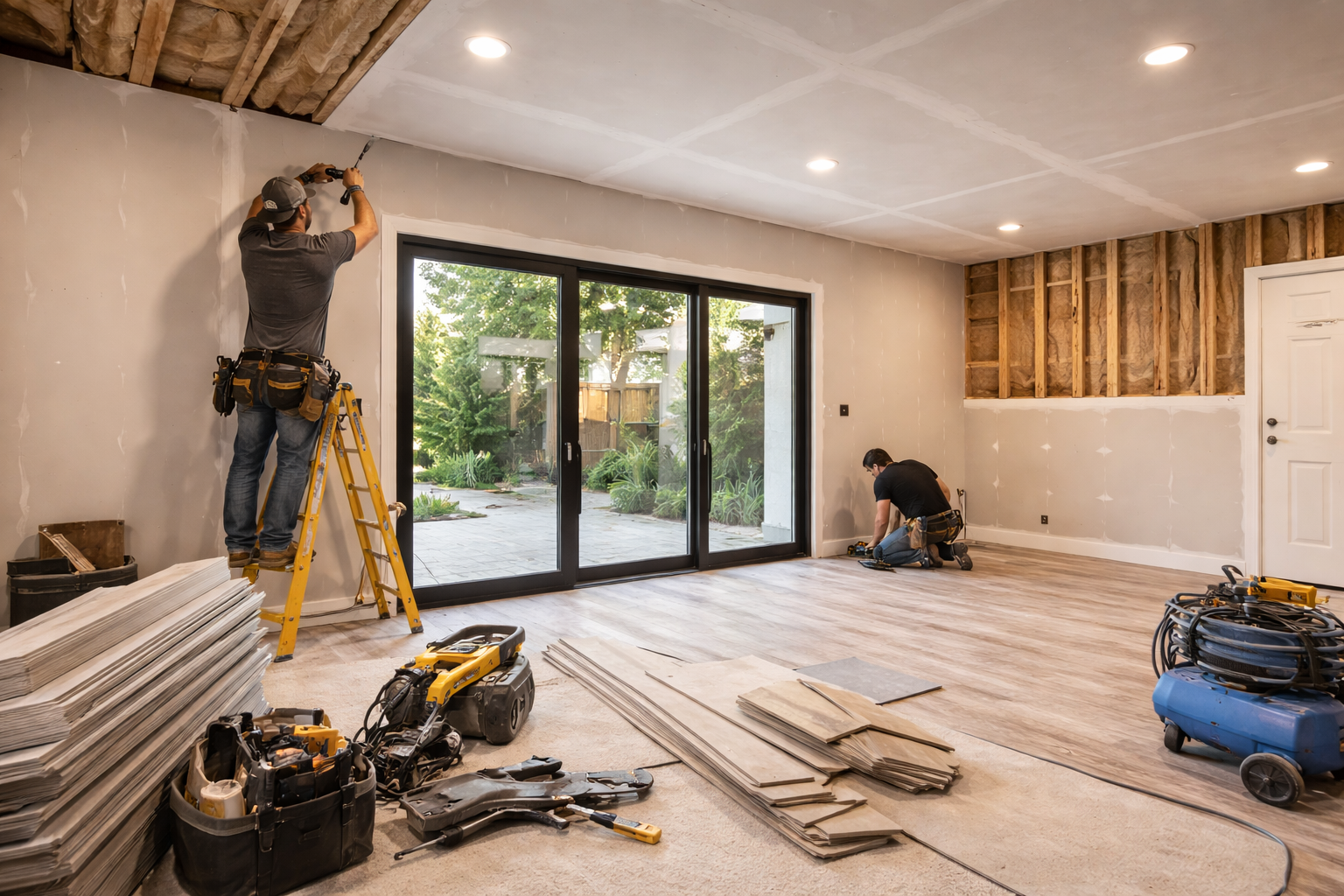 Interior renovation in progress with drywall and framing for unpermitted work structural repair
