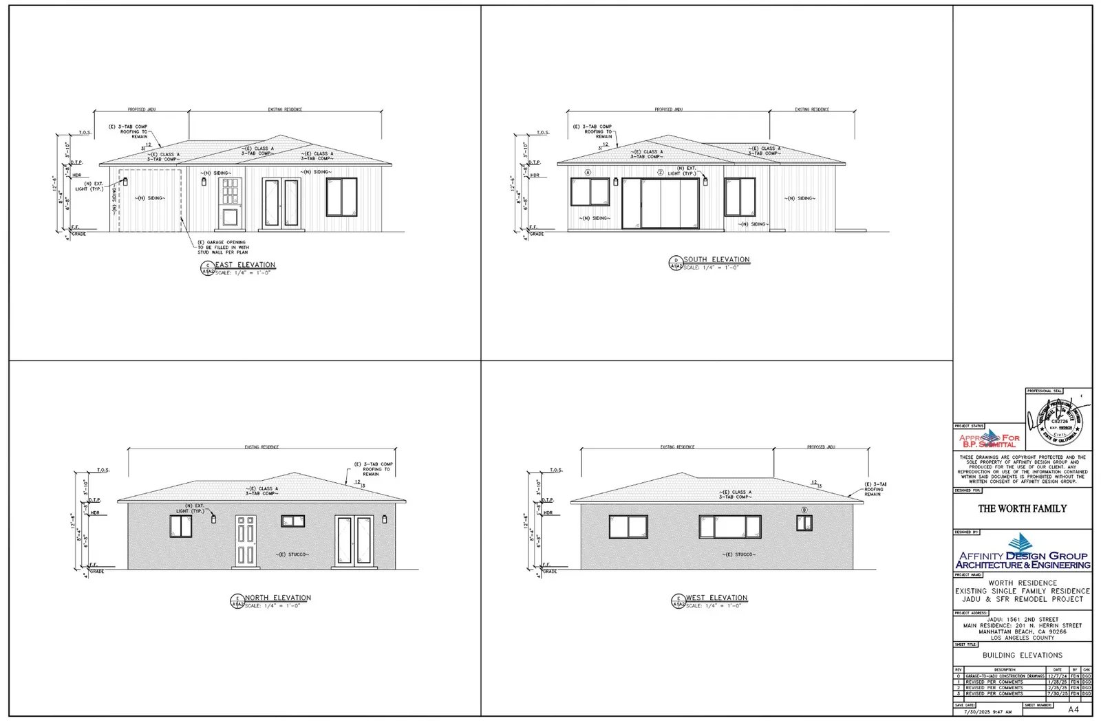 Complete ADU plan set with architectural floor plans structural framing and MEP engineering sheets spread on drafting table