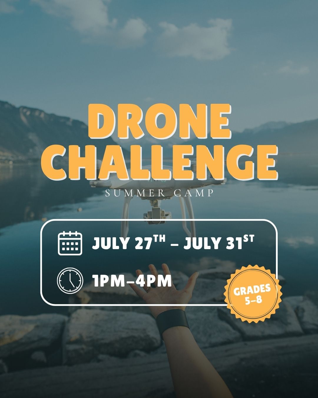 Person launching a drone over a rocky lakeside with mountains and cloudy sky in the background.