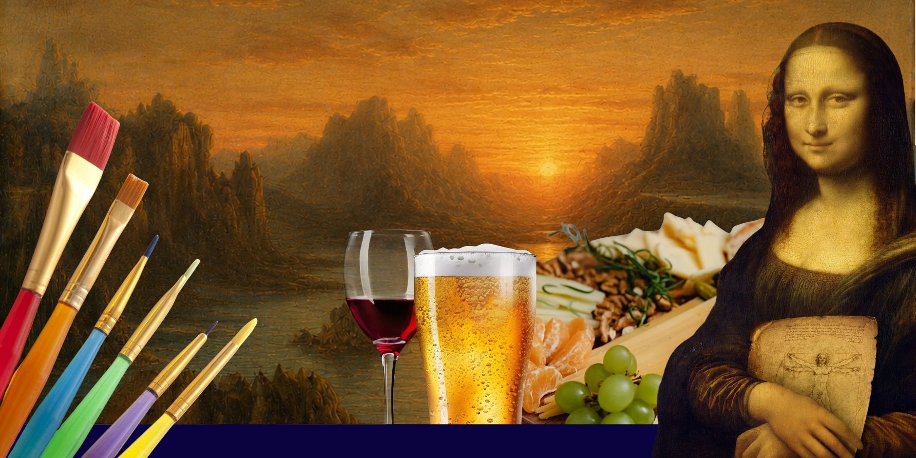 Promotional image for Da Vinci After Dark: Mona Lisa featuring the Mona Lisa, wine, beer, appetizers, paintbrushes, and a Renaissance-inspired sunset background.