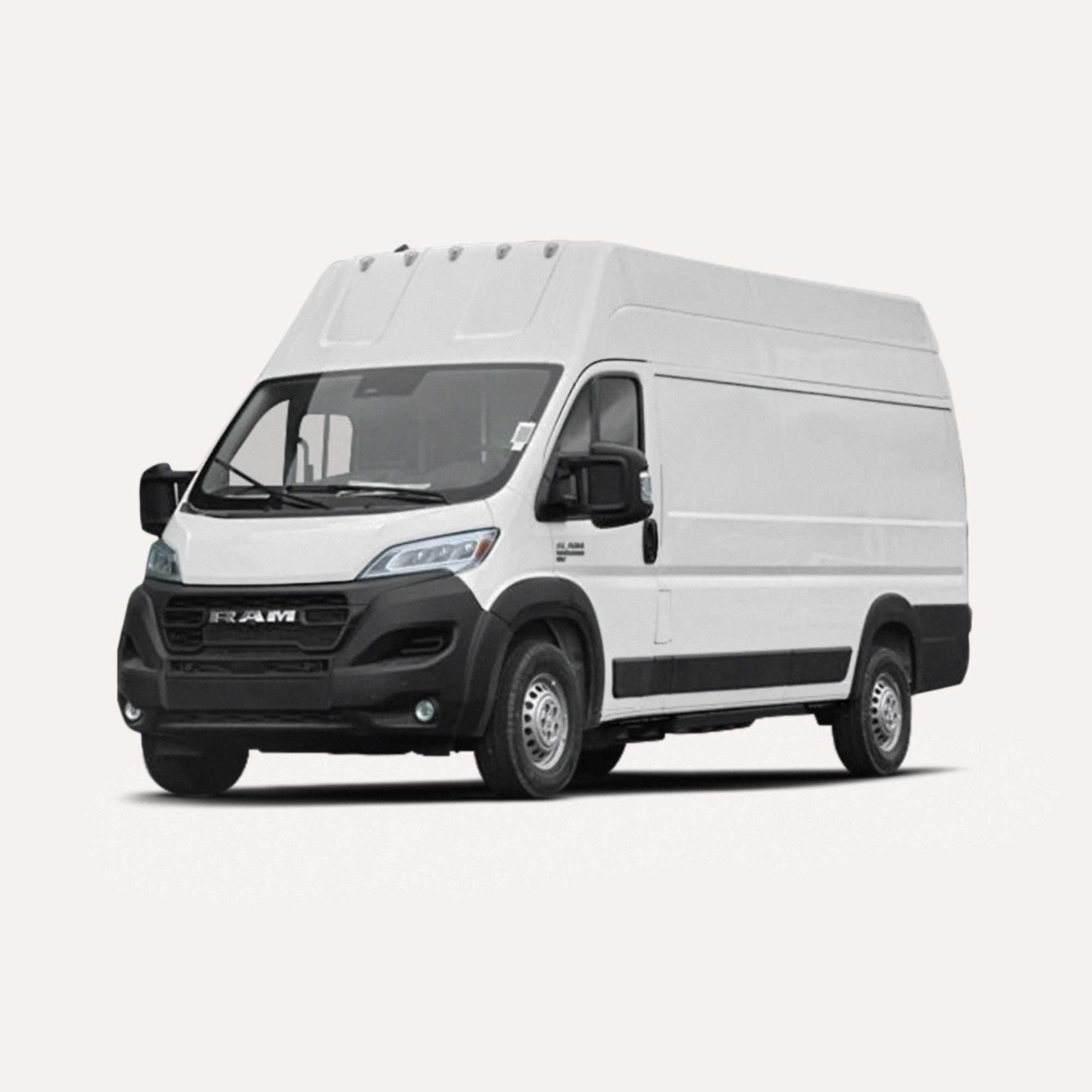 White Ram ProMaster cargo van with high roof and black front bumper on a light background.