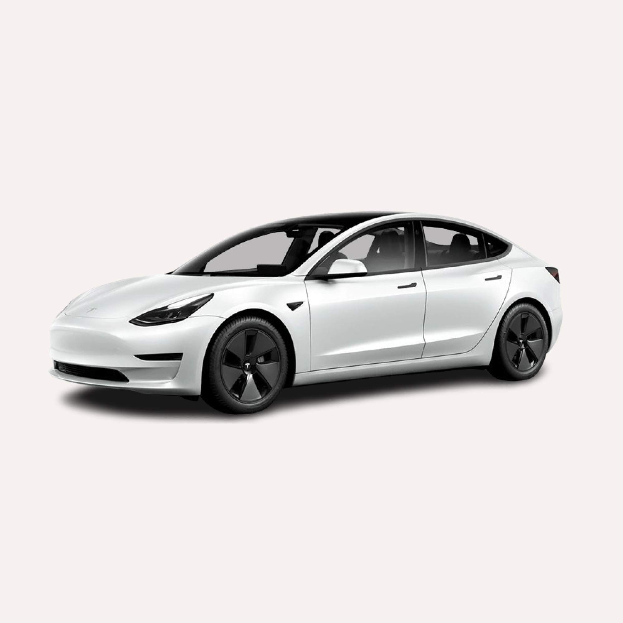 White Tesla Model 3 electric sedan with black wheels on a light background.