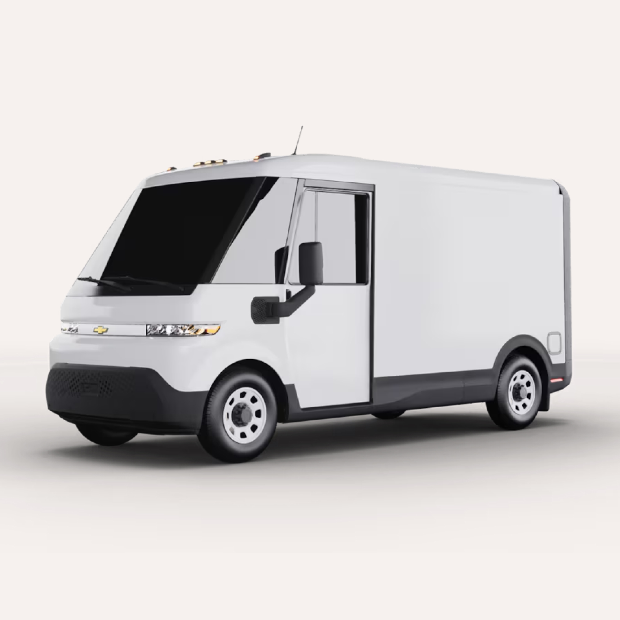 White commercial delivery van with black front bumper and tinted windows, shown from front-side angle.