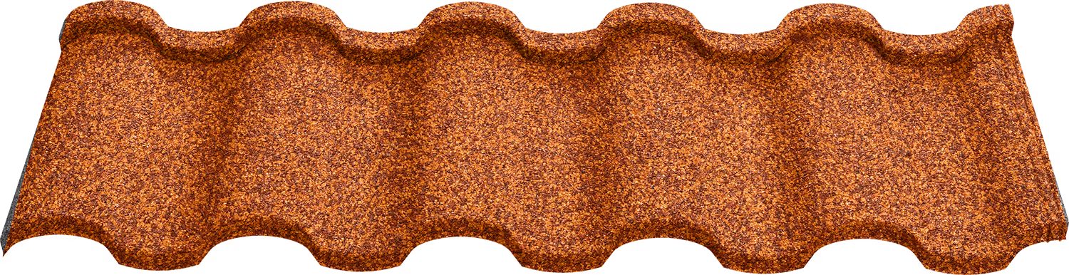 Red-brown textured wavy roof tile with granular surface pattern.