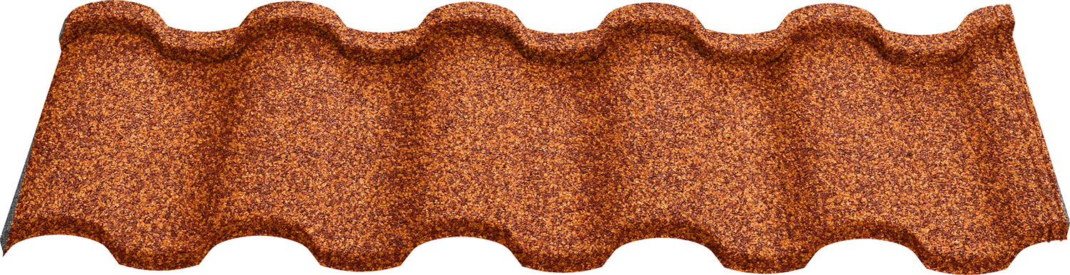 Red-brown textured wavy roof tile with granular surface pattern.