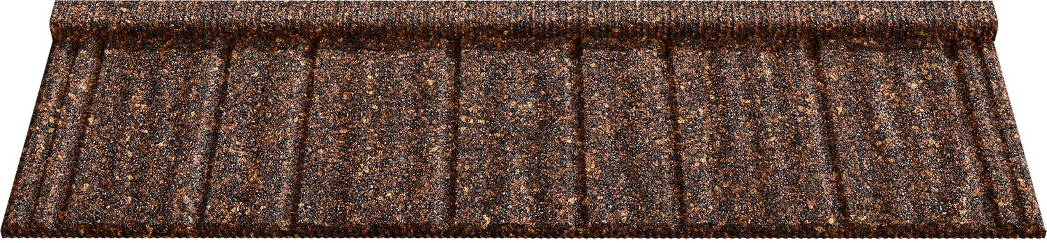 Brown textured roofing shingle with granules and a scalloped edge design.