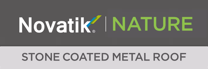 Novatik Nature logo with the tagline Stone Coated Metal Roof on gray background.