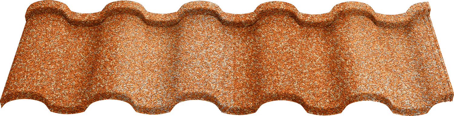 Orange and gray textured roofing tile with wavy ridges and granular surface.