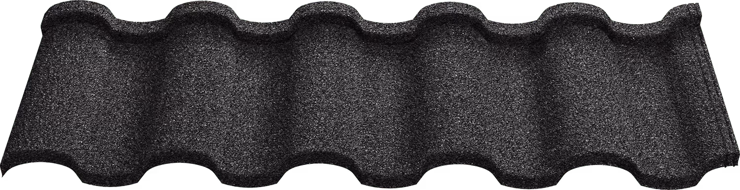 Rectangular dark gray stone-coated metal roofing panel with a wavy tile-like pattern.