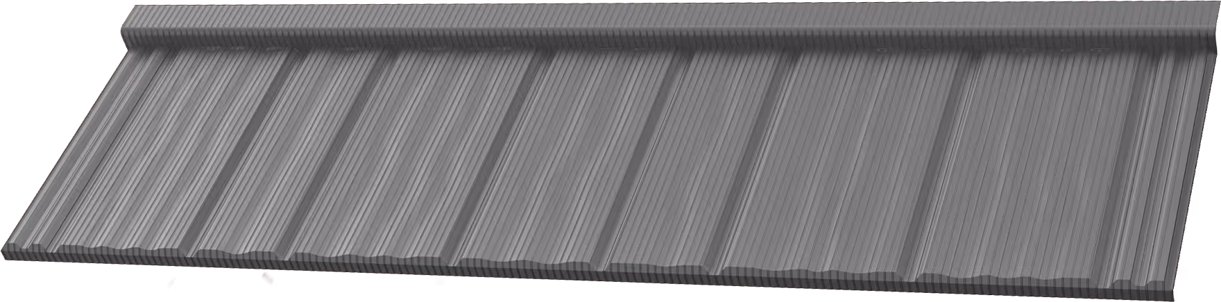 Gray metal roofing panel with vertical ridges and grooves in a matte finish.
