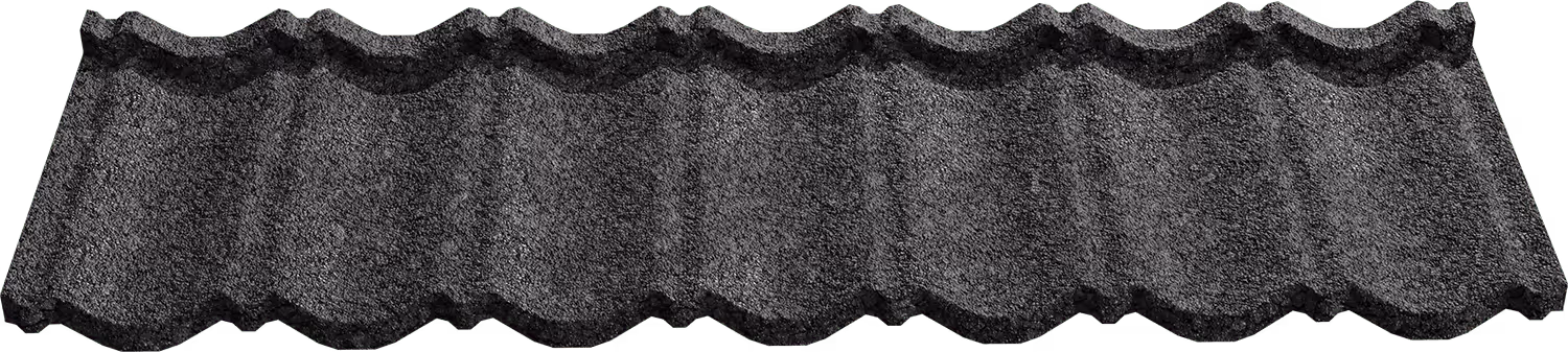 Dark gray textured roofing sheet with wavy ridges and granular surface.