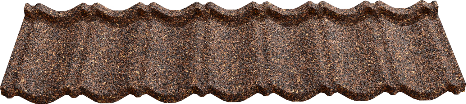 Brown textured corrugated metal sheet with a speckled, rust-like surface pattern.