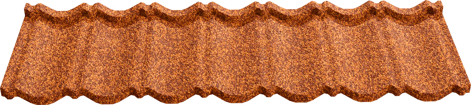 Rectangular rust-colored metal roofing sheet with corrugated wavy pattern.