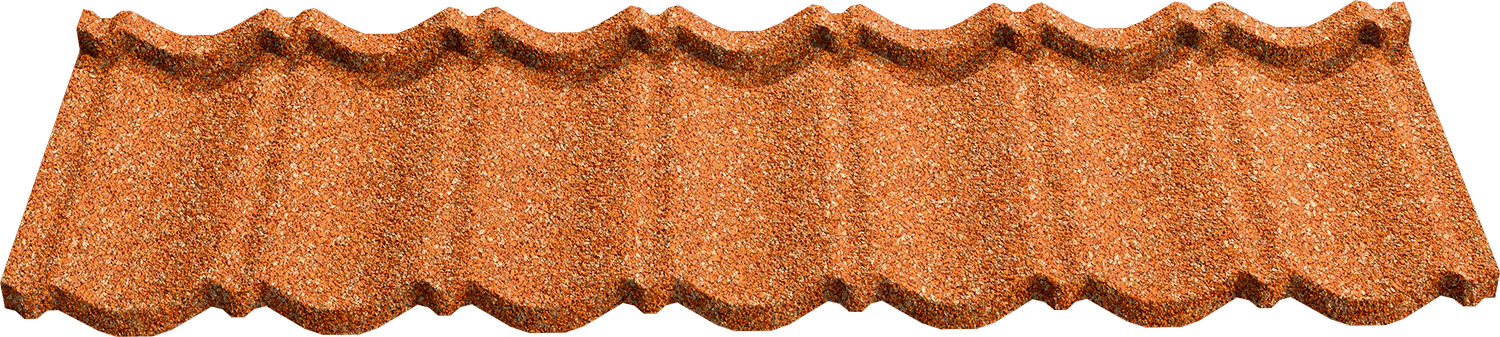 Textured reddish-brown corrugated roofing sheet with stone-like finish.