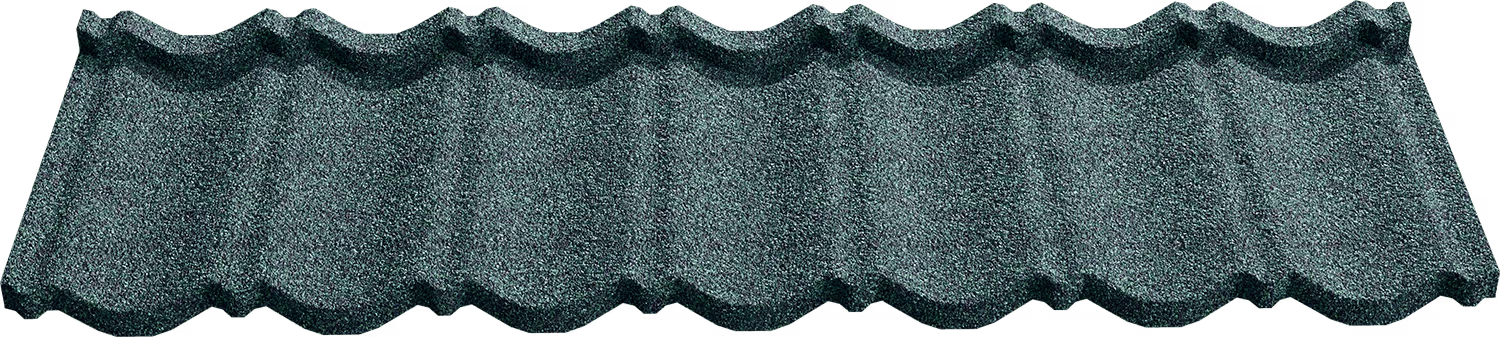 Green textured roofing shingle panel with curved ridges and granulated surface.