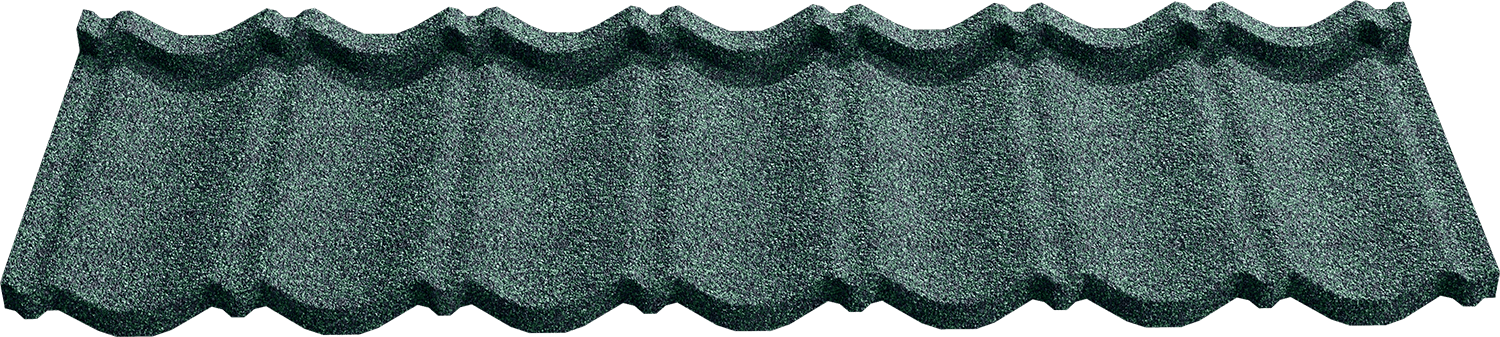 Green textured roofing shingle panel with curved ridges and granulated surface.