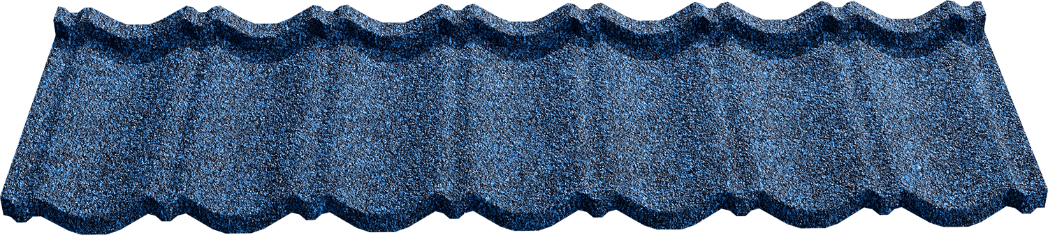 Blue textured metal roofing sheet with wavy corrugated pattern for construction use.