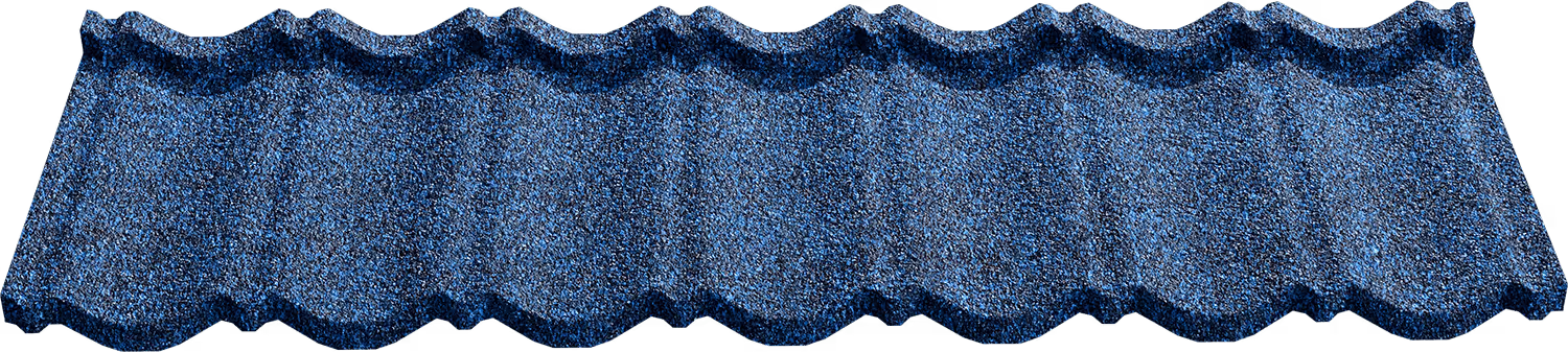 Blue textured metal roofing sheet with wavy corrugated pattern for construction use.