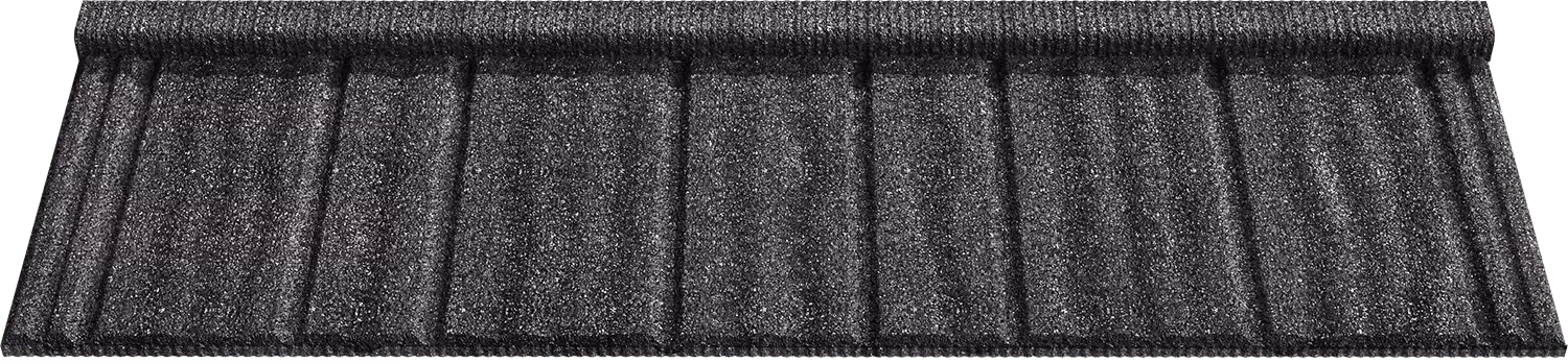 Dark moon textured metal roofing sheet panel with eight vertical ridges.