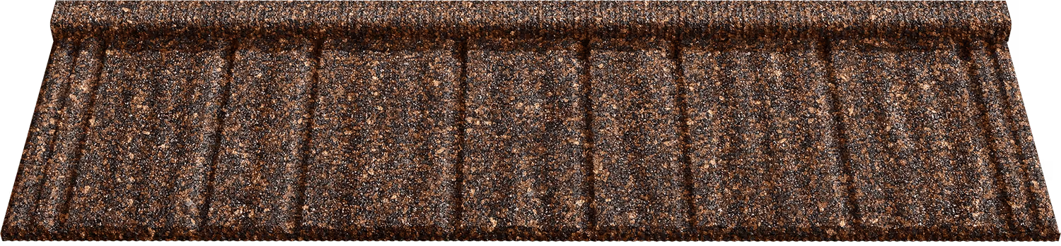 Brown textured roofing panel with a stone-coated metal finish and vertical ridges.