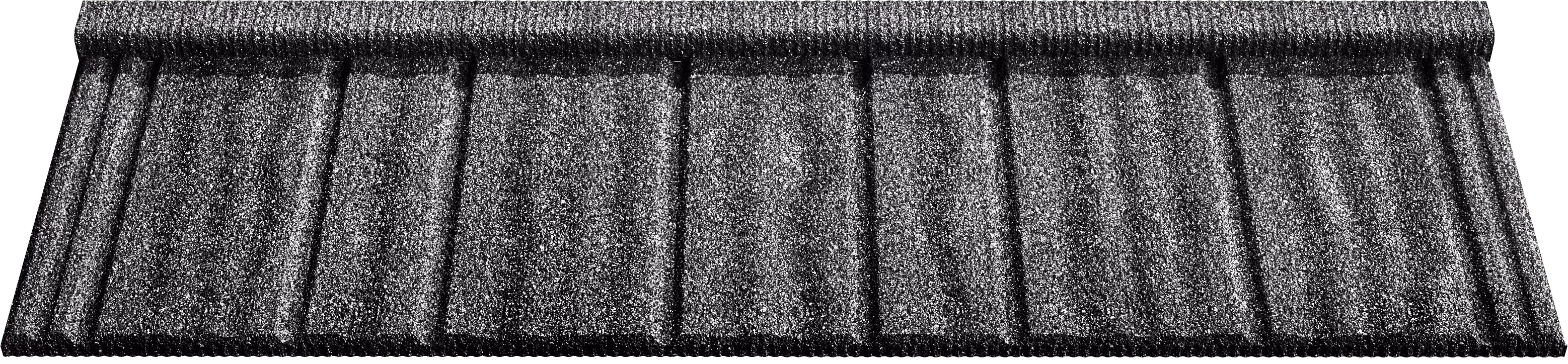 Black textured metal roof tile with a repeating rectangular pattern.