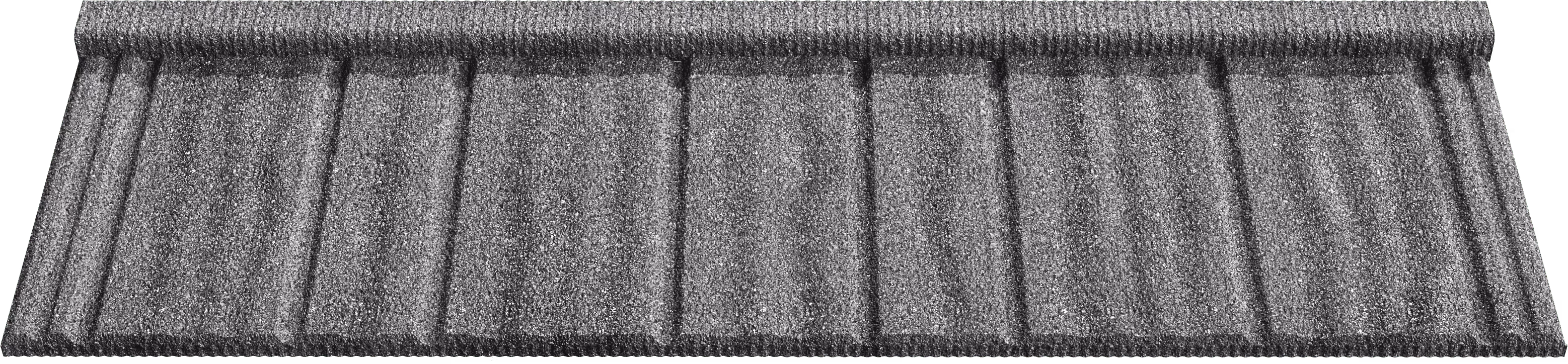 Graphite-colored textured metal roofing panel with vertical ridges and stone coating.