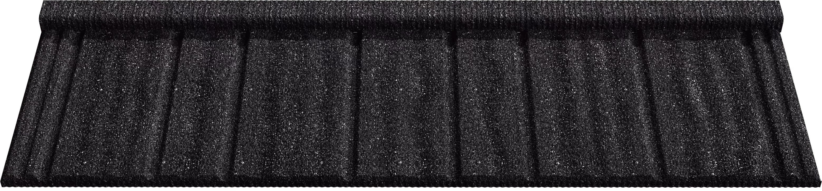 Textured black roofing tile with a granular surface and evenly spaced ridges.