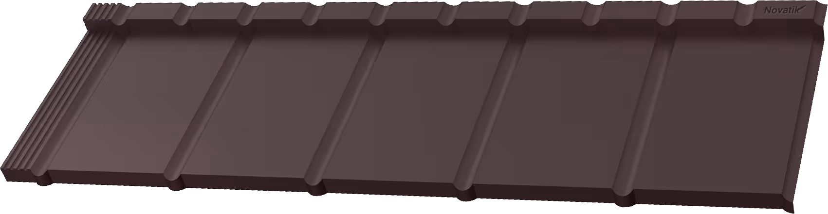 Dark brown metal roofing panel with a matte finish and Novatik branding on the corner.