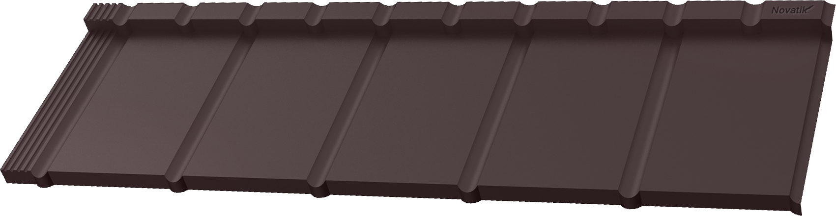 Dark brown metal roofing panel with a matte finish and Novatik branding on the corner.