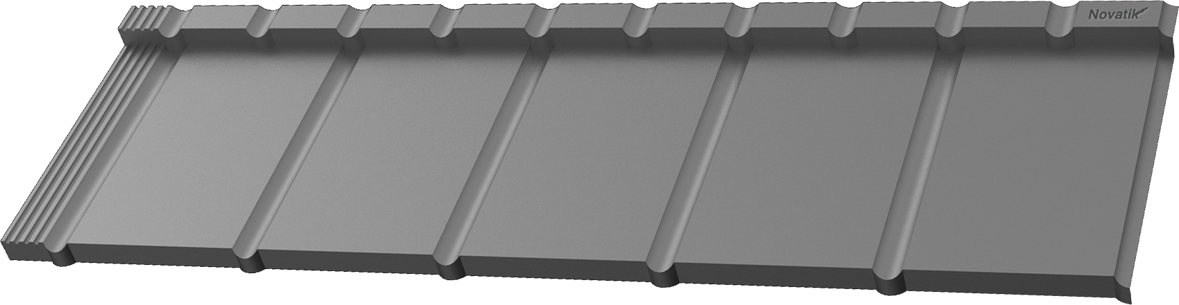 Gray matte metal roofing panel with vertical ridges and Novatik logo on the top right corner.