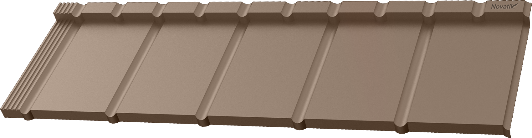 Brown metal slate roof tile with multiple ridges and Novatik branding on one corner.