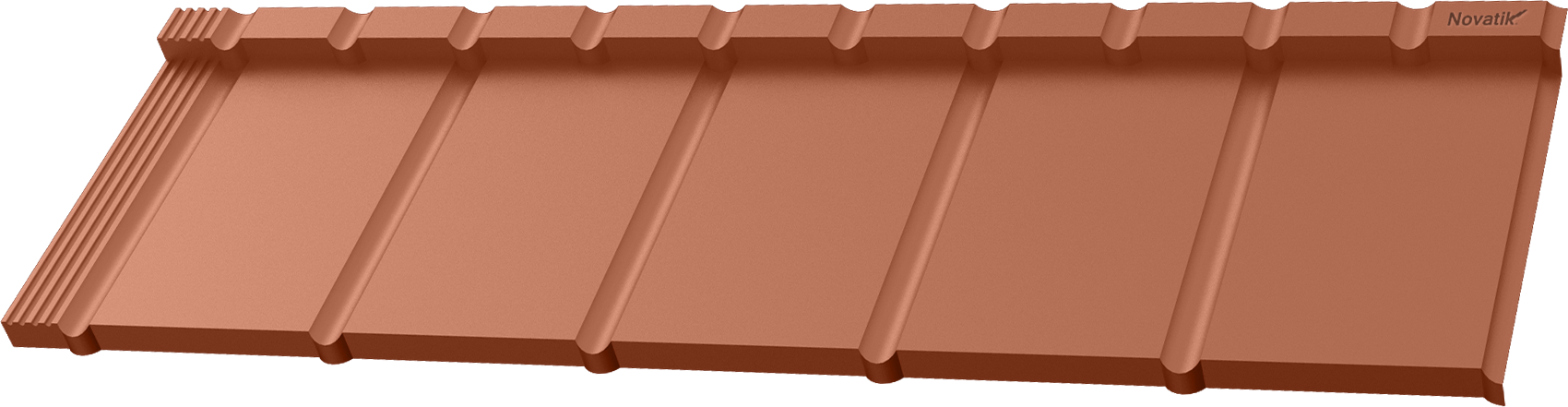 Matte reddish-brown metal slate roofing panel with curved raised seams and Novatik logo.