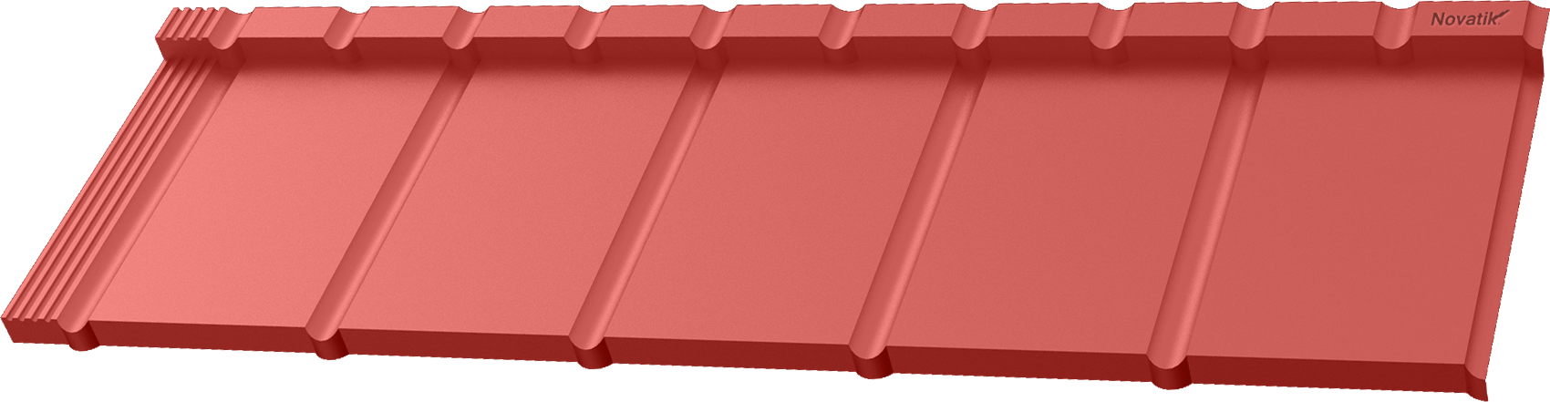 Red metal roofing panel with raised ridges and Novatik branding in the corner.