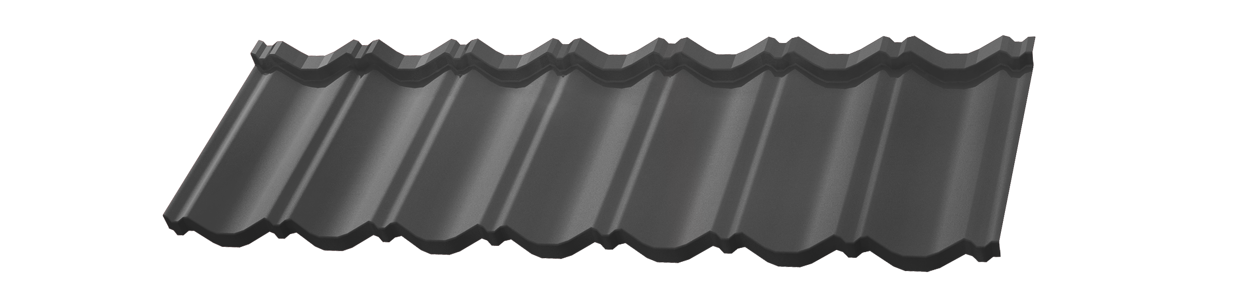 Dark gray metal roofing sheet panel with classic wavy ridges and edges.