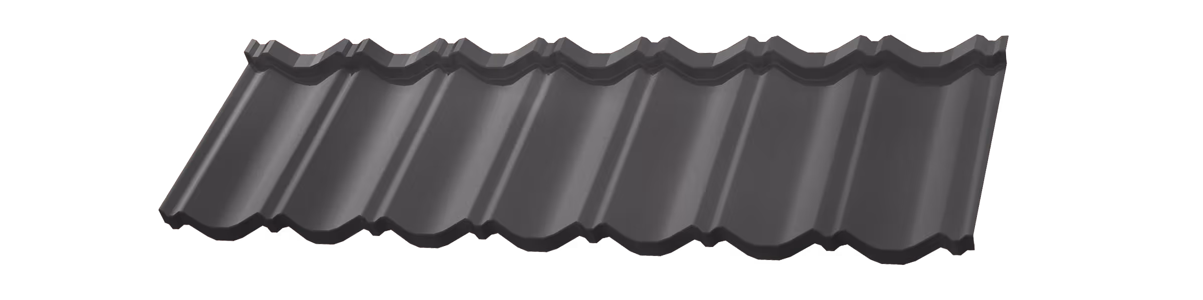 Dark gray metal roofing sheet panel with classic wavy ridges and edges.