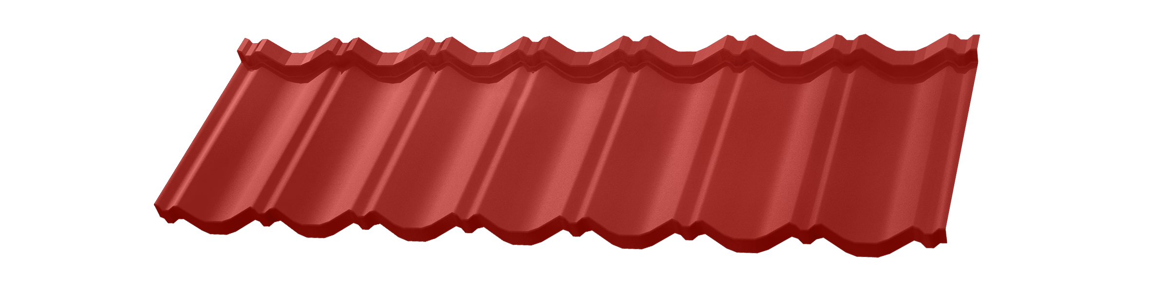Red metal roofing panel with curved ridges for building protection and decoration.