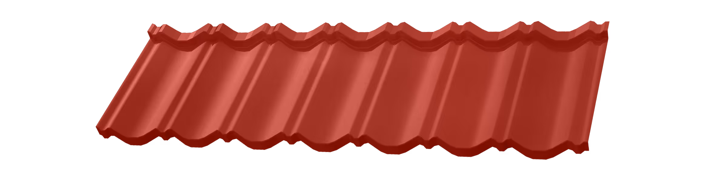 Red metal roofing panel with curved ridges for building protection and decoration.