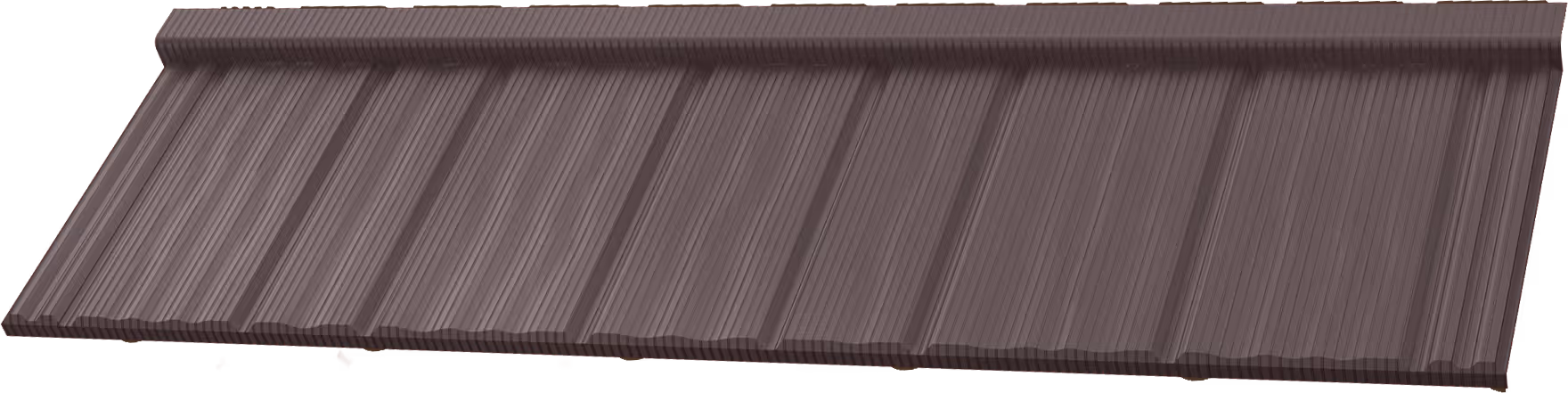 Dark brown metal roofing sheet with vertical ridges and a matte wood texture pattern.