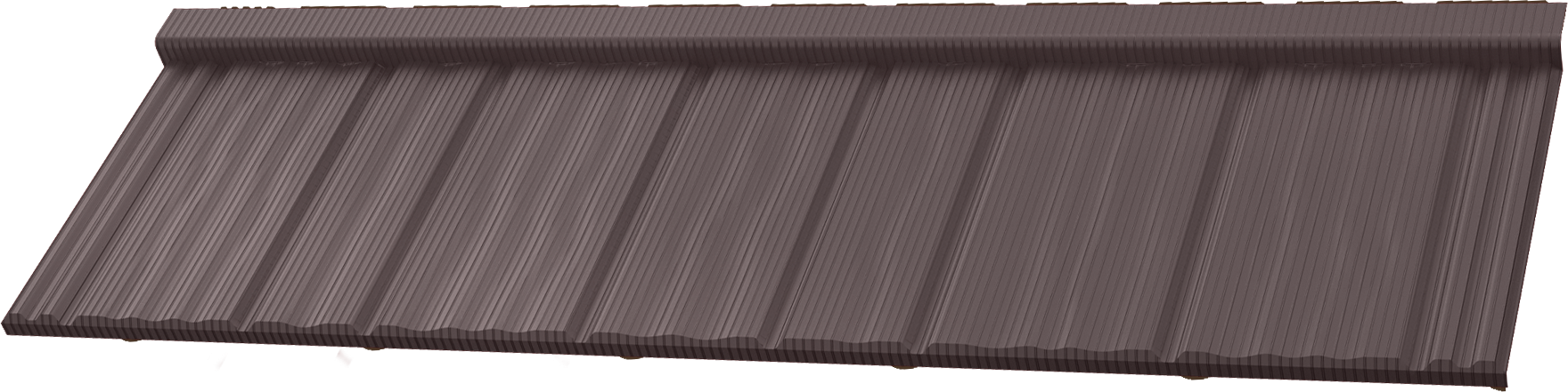 Dark brown metal roofing sheet with vertical ridges and a matte wood texture pattern.